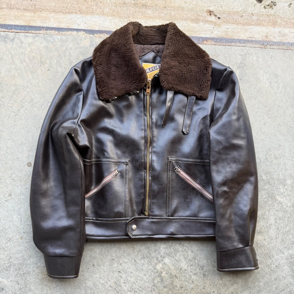 Vintage 70s Avalanche Brown Faux Leather Bomber Flight Jacket Faux Fur Collar M